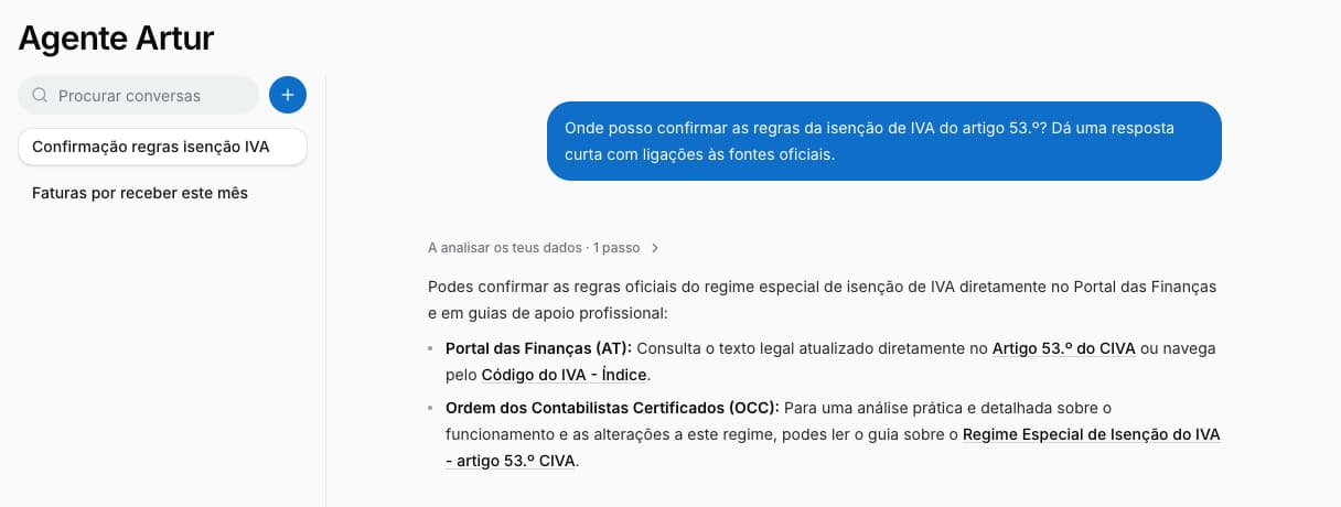 Nas perguntas sobre regras fiscais, a resposta pode incluir ligações às fontes consultadas.