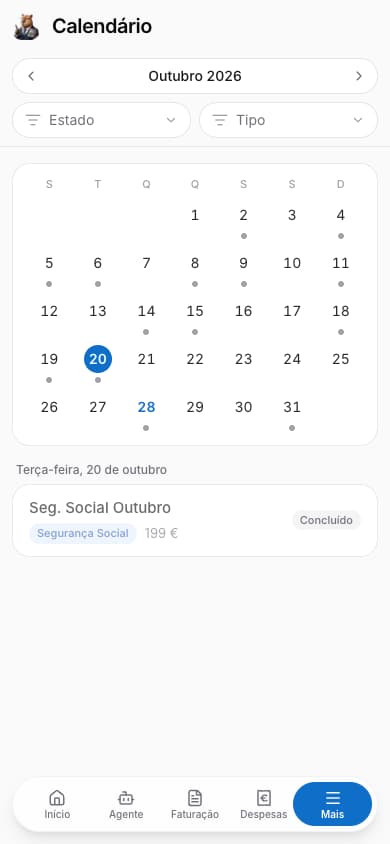 Calendário no telemóvel com o dia 20 selecionado e o pagamento da Segurança Social na lista desse dia.