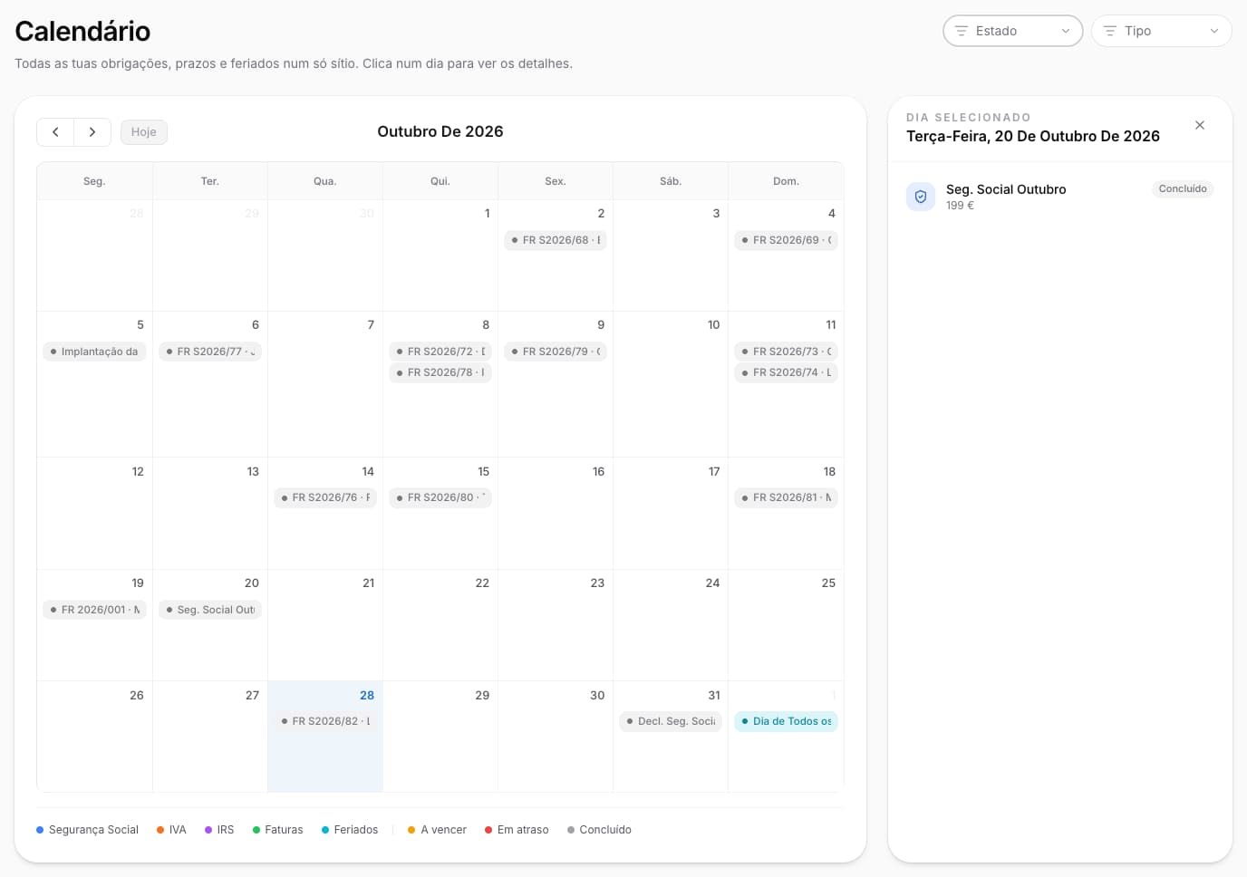 Seleciona um evento para consultar a data, o estado e o montante no painel Dia selecionado.