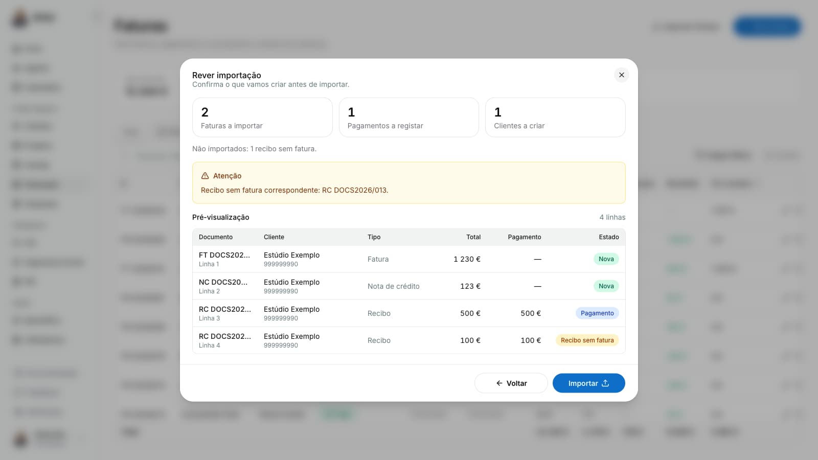 Confirma os documentos e pagamentos a importar e revê os avisos, como um recibo sem fatura correspondente.