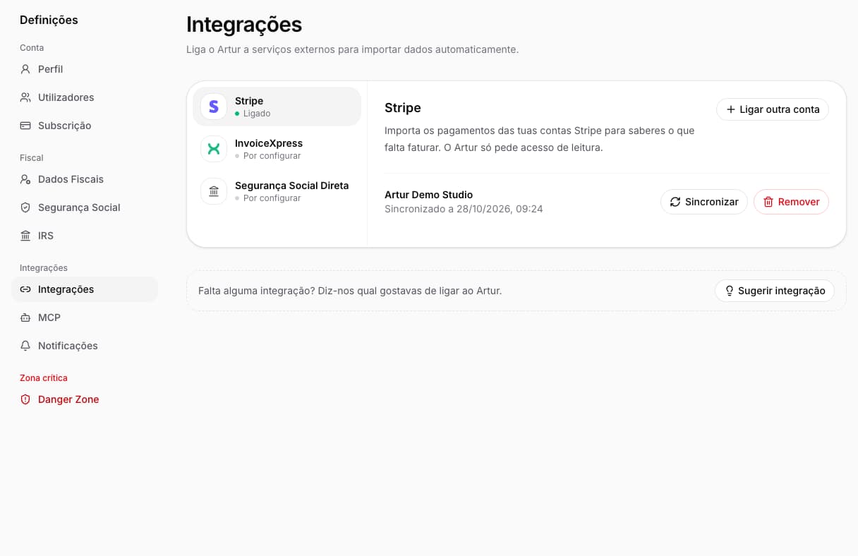 Em Integrações, escolhe o serviço para consultar o estado da ligação e as ações disponíveis.