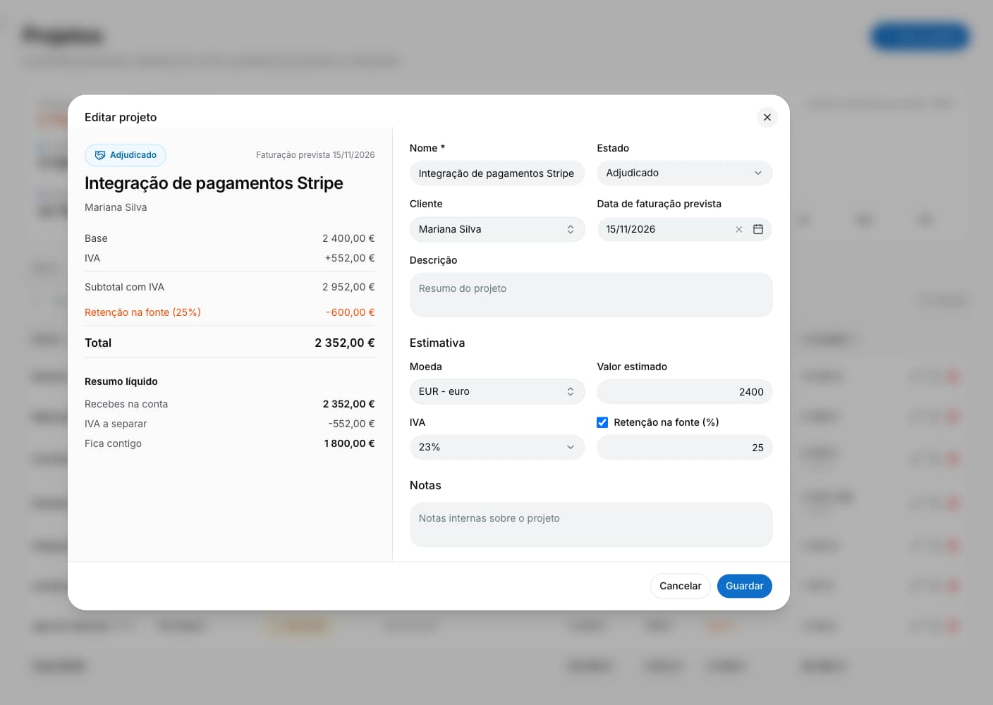 Ficha de um projeto adjudicado com cliente, data de faturação prevista, estimativa, IVA e retenção.