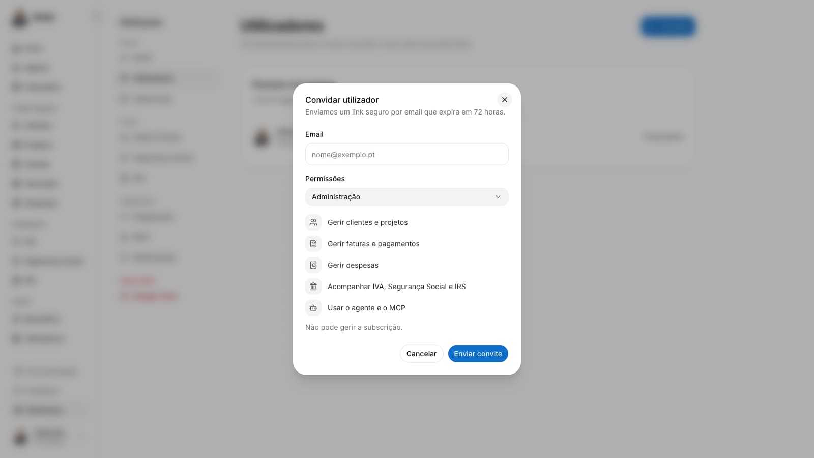 Ao escolher Administração, o formulário mostra as ações permitidas e as limitações da subscrição.