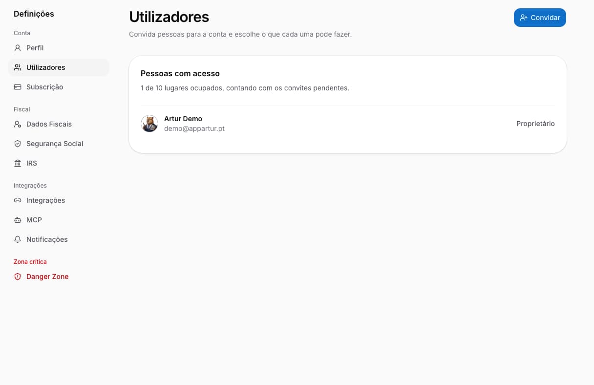 Em Utilizadores, consulta as pessoas com acesso e o nível de permissões de cada uma.