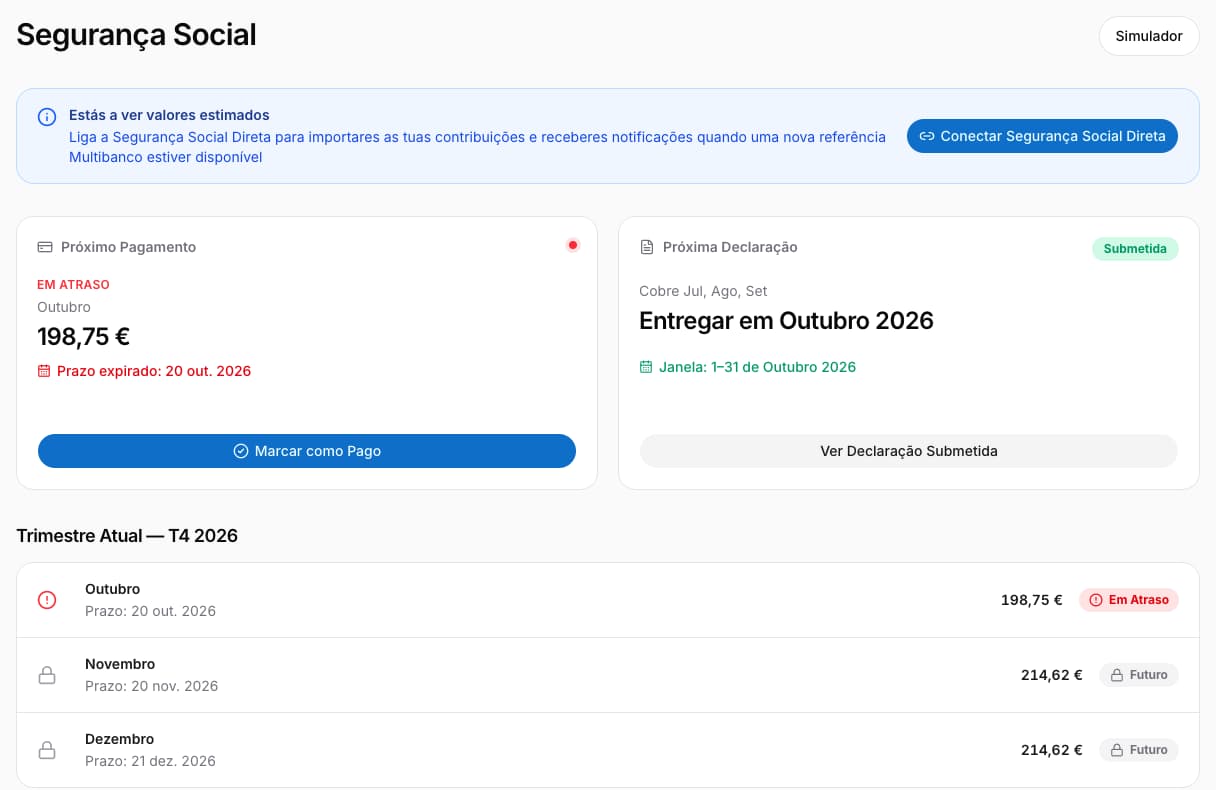 Consulta o próximo pagamento, a declaração trimestral e os meses do trimestre atual.