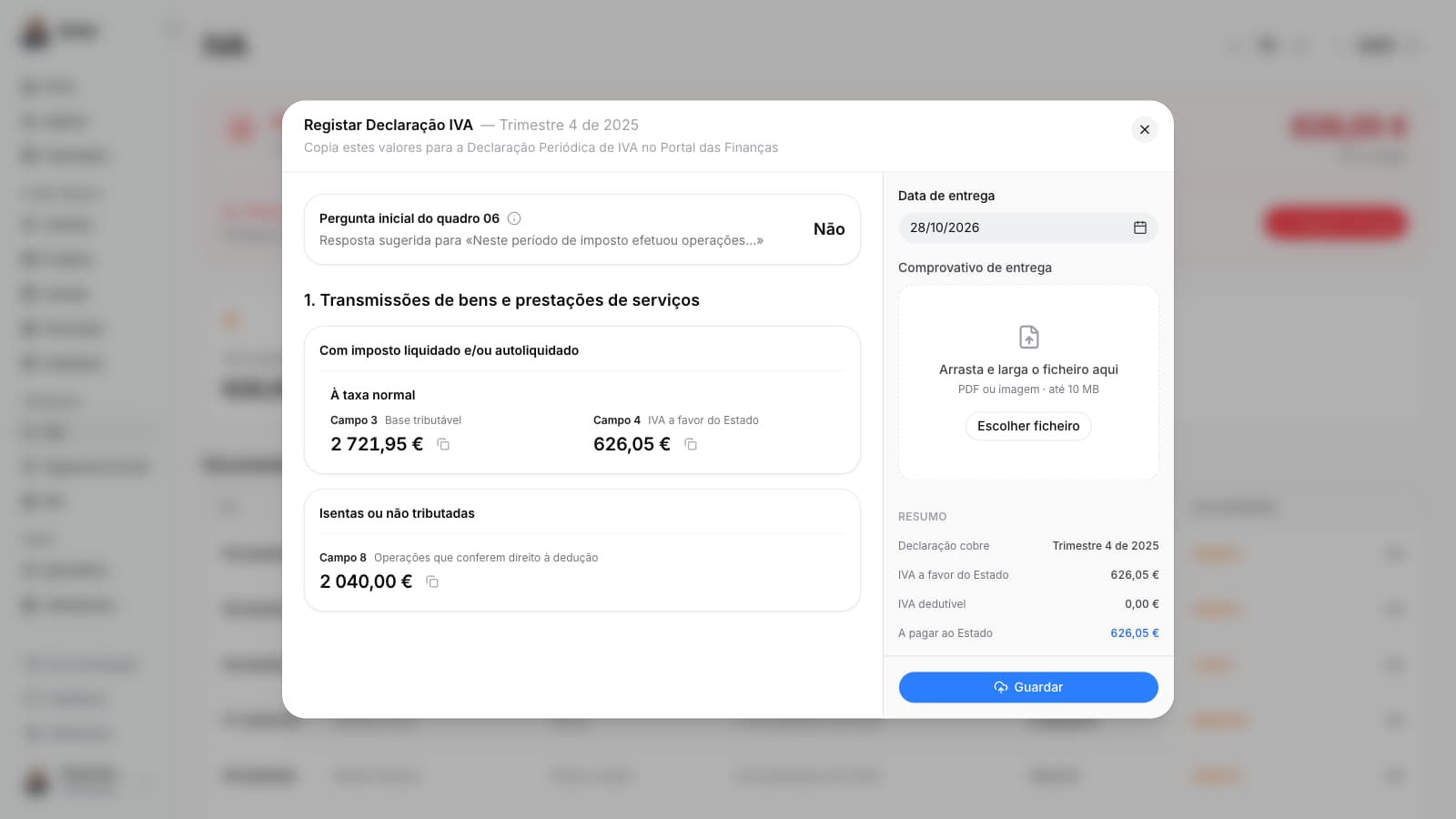 Registo da entrega do 4.º trimestre de 2025, com os montantes organizados pelos campos da declaração.