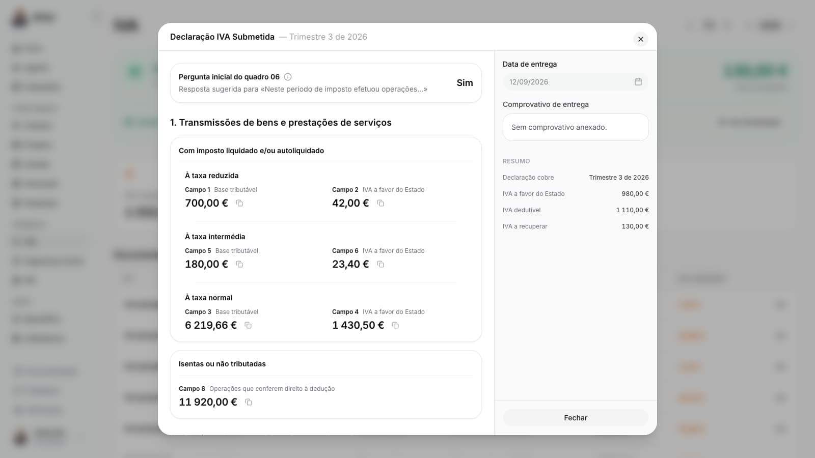 Consulta da declaração registada do 3.º trimestre de 2026, com os valores guardados nessa entrega.