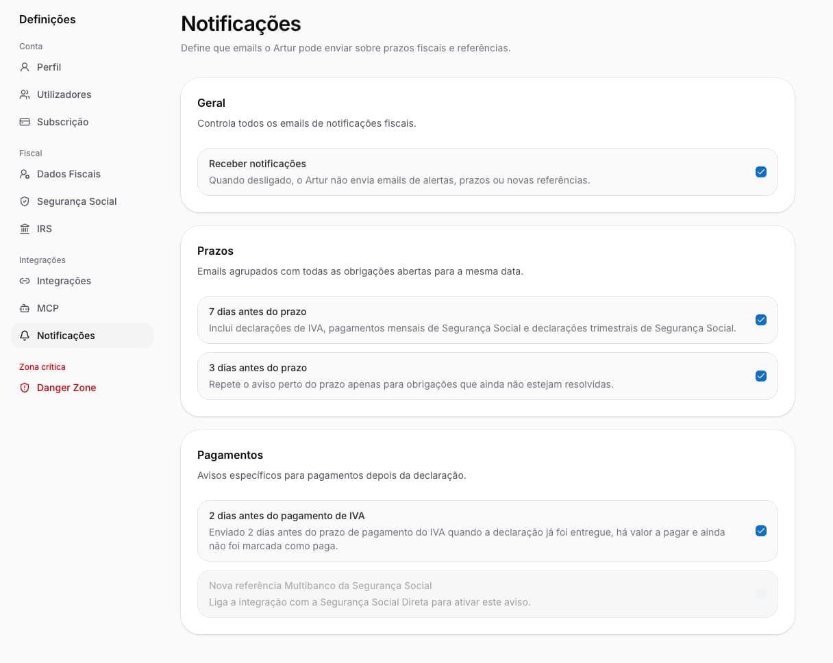 Escolhe os avisos de prazos e pagamentos. Algumas opções dependem das integrações configuradas.