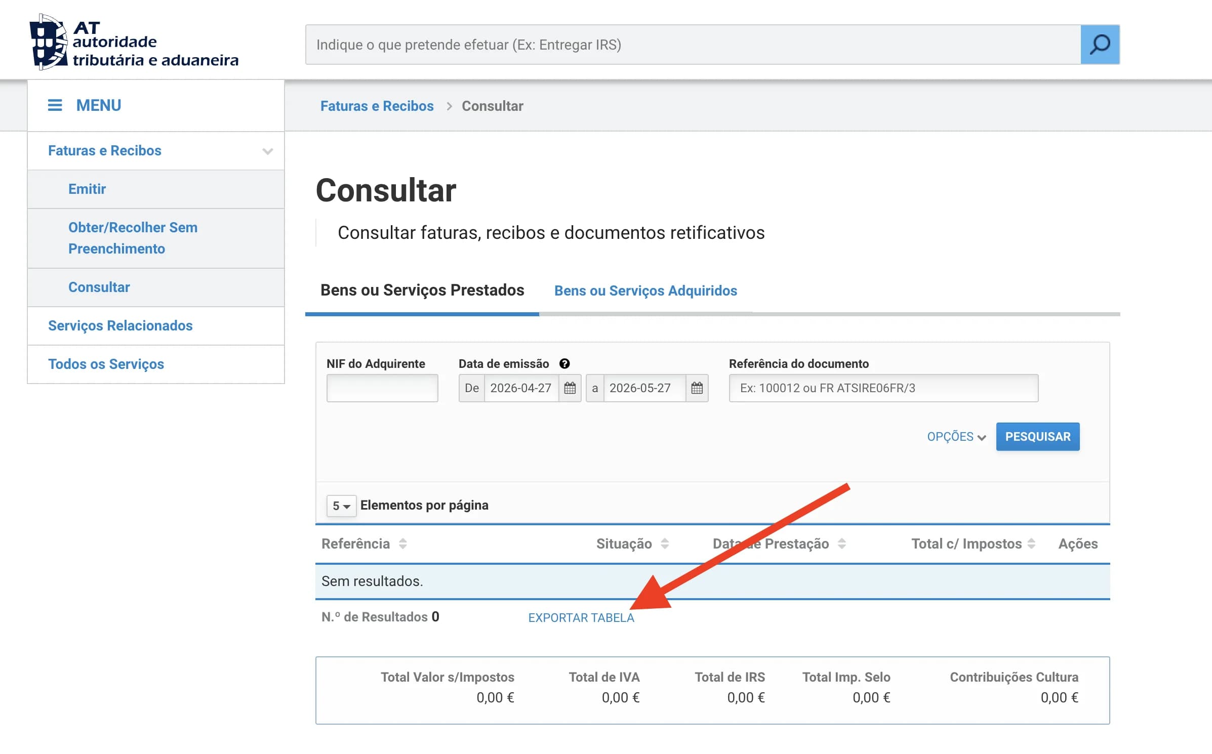 Opção Exportar tabela no Portal das Finanças