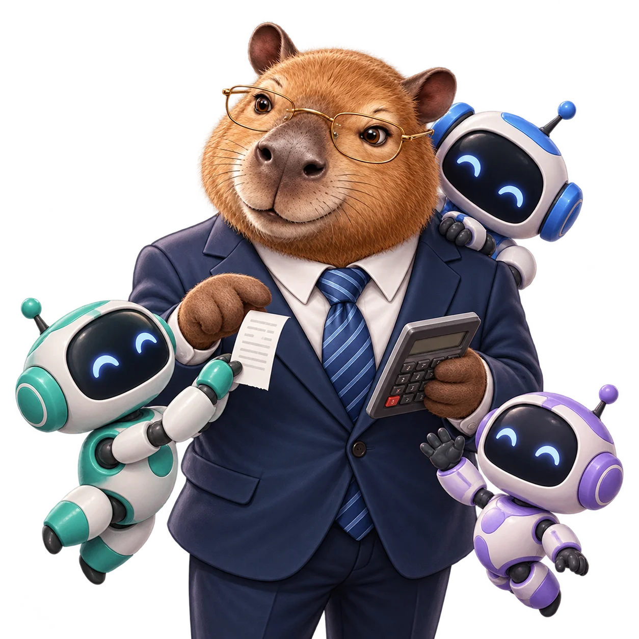 Artur, a capivara mascote do Artur, com três pequenos robôs que representam assistentes de IA